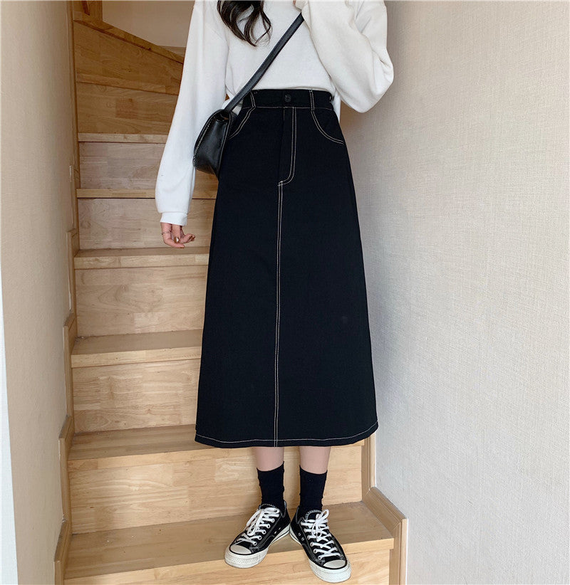 Jupe trapèze mi-longue slim taille haute pour femme, vêtements d'automne