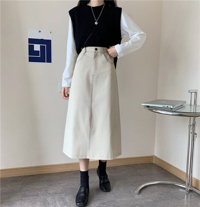 Jupe trapèze mi-longue slim taille haute pour femme, vêtements d'automne