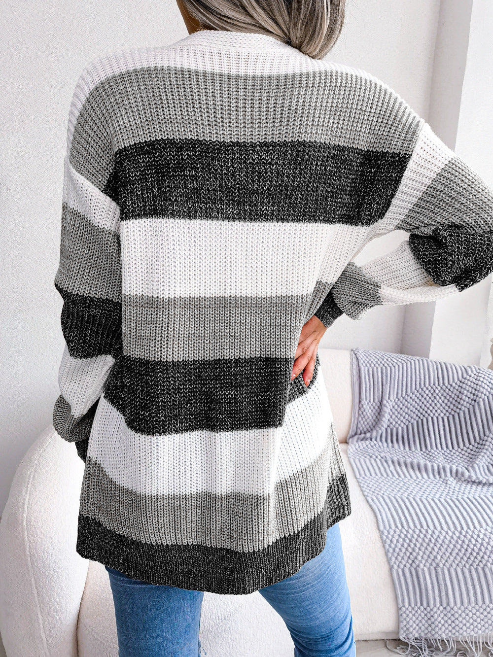 Pull à carreaux pour femme, cardigan décontracté à manches lanternes, veste, vêtements d'extérieur