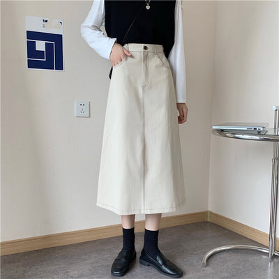 Jupe trapèze mi-longue slim taille haute pour femme, vêtements d'automne