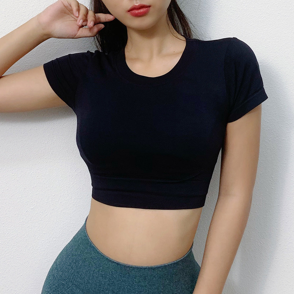 Vêtements de yoga à manches courtes pour femmes, haut de course à pied, nombril, extérieur